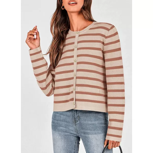 PRETTYGARDEN Womens 2024 Winter Cardigan Sweaters Button Down Open Front Long Sleeve Knit Cardigans Shirt Trendy OuterwearStriped Caramel