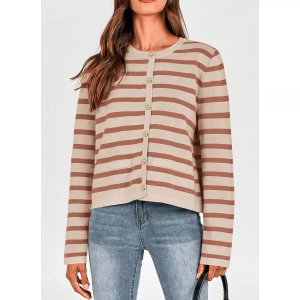 PRETTYGARDEN Womens 2024 Winter Cardigan Sweaters Button Down Open Front Long Sleeve Knit Cardigans Shirt Trendy OuterwearStriped Caramel