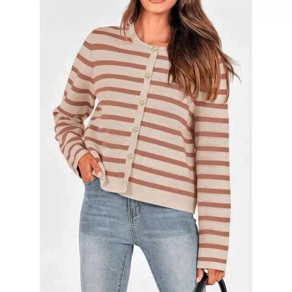 PRETTYGARDEN Womens 2024 Winter Cardigan Sweaters Button Down Open Front Long Sleeve Knit Cardigans Shirt Trendy OuterwearStriped Caramel