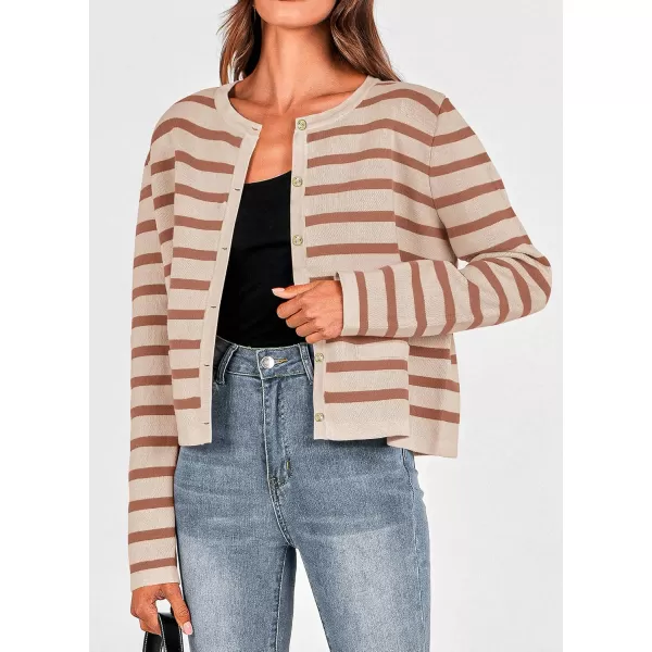 PRETTYGARDEN Womens 2024 Winter Cardigan Sweaters Button Down Open Front Long Sleeve Knit Cardigans Shirt Trendy OuterwearStriped Caramel