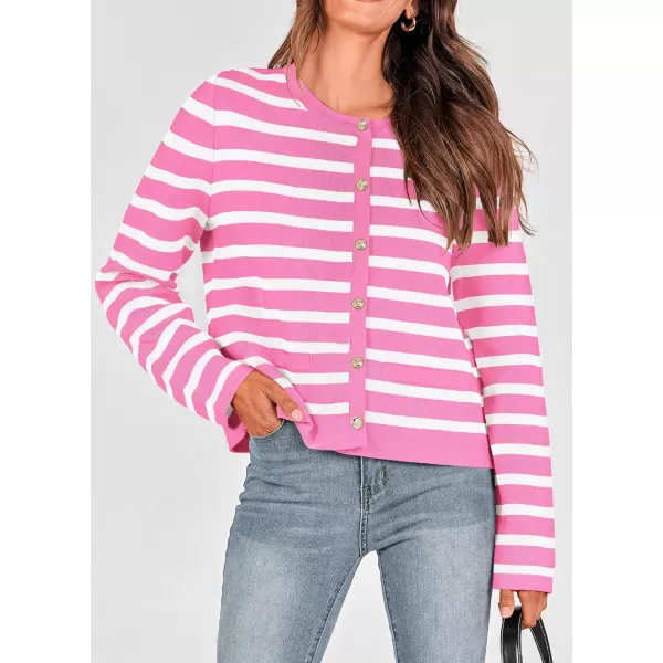 PRETTYGARDEN Womens 2024 Winter Cardigan Sweaters Button Down Open Front Long Sleeve Knit Cardigans Shirt Trendy OuterwearStriped Pink