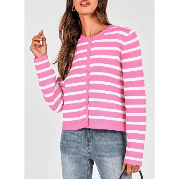 PRETTYGARDEN Womens 2024 Winter Cardigan Sweaters Button Down Open Front Long Sleeve Knit Cardigans Shirt Trendy OuterwearStriped Pink