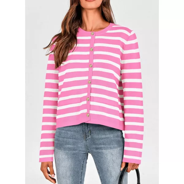 PRETTYGARDEN Womens 2024 Winter Cardigan Sweaters Button Down Open Front Long Sleeve Knit Cardigans Shirt Trendy OuterwearStriped Pink