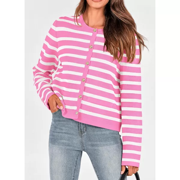 PRETTYGARDEN Womens 2024 Winter Cardigan Sweaters Button Down Open Front Long Sleeve Knit Cardigans Shirt Trendy OuterwearStriped Pink