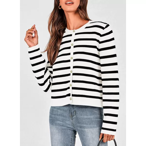 PRETTYGARDEN Womens 2024 Winter Cardigan Sweaters Button Down Open Front Long Sleeve Knit Cardigans Shirt Trendy OuterwearStriped White