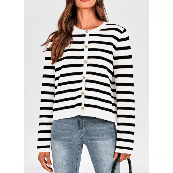 PRETTYGARDEN Womens 2024 Winter Cardigan Sweaters Button Down Open Front Long Sleeve Knit Cardigans Shirt Trendy OuterwearStriped White
