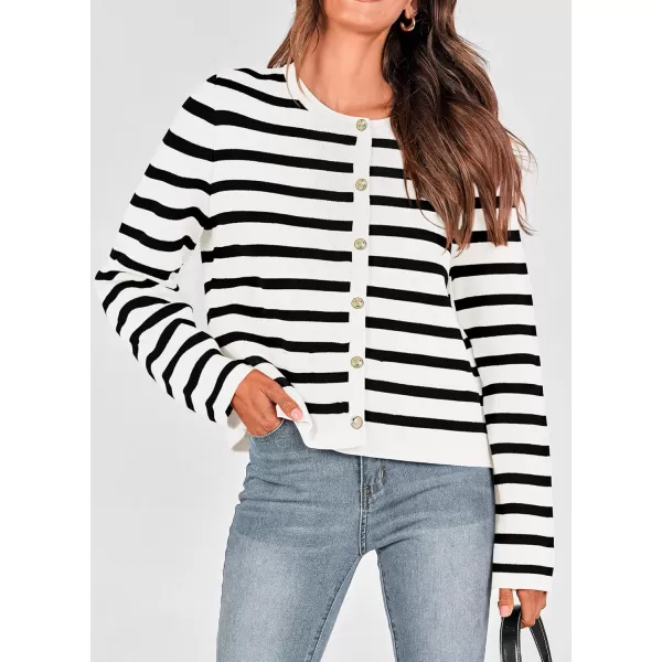 PRETTYGARDEN Womens 2024 Winter Cardigan Sweaters Button Down Open Front Long Sleeve Knit Cardigans Shirt Trendy OuterwearStriped White