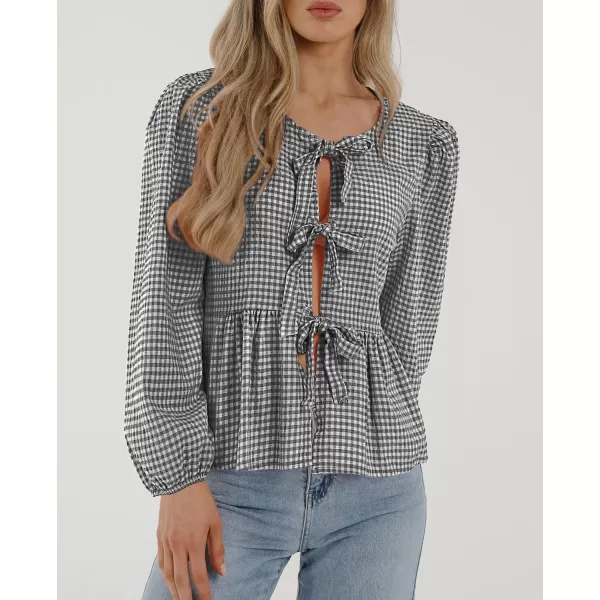 PRETTYGARDEN Womens Babydoll Peplum Blouse Shirt Puff Long Sleeve Bow Tie Front Trendy Cute Y2K Going Out TopsPlaid Black