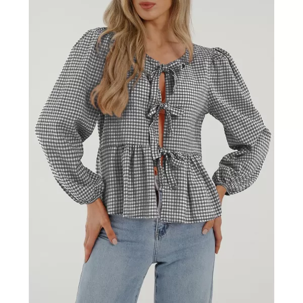 PRETTYGARDEN Womens Babydoll Peplum Blouse Shirt Puff Long Sleeve Bow Tie Front Trendy Cute Y2K Going Out TopsPlaid Black