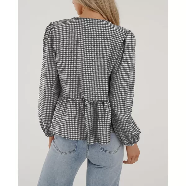 PRETTYGARDEN Womens Babydoll Peplum Blouse Shirt Puff Long Sleeve Bow Tie Front Trendy Cute Y2K Going Out TopsPlaid Black