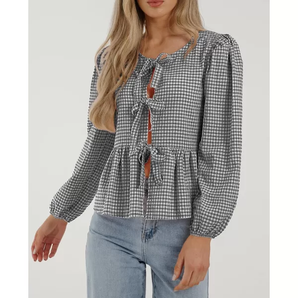 PRETTYGARDEN Womens Babydoll Peplum Blouse Shirt Puff Long Sleeve Bow Tie Front Trendy Cute Y2K Going Out TopsPlaid Black