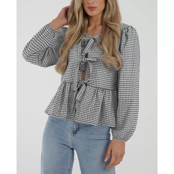 PRETTYGARDEN Womens Babydoll Peplum Blouse Shirt Puff Long Sleeve Bow Tie Front Trendy Cute Y2K Going Out TopsPlaid Black