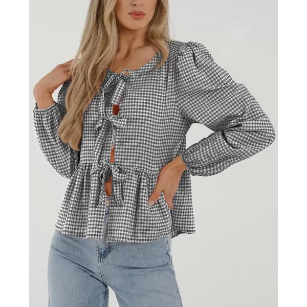 PRETTYGARDEN Womens Babydoll Peplum Blouse Shirt Puff Long Sleeve Bow Tie Front Trendy Cute Y2K Going Out TopsPlaid Black