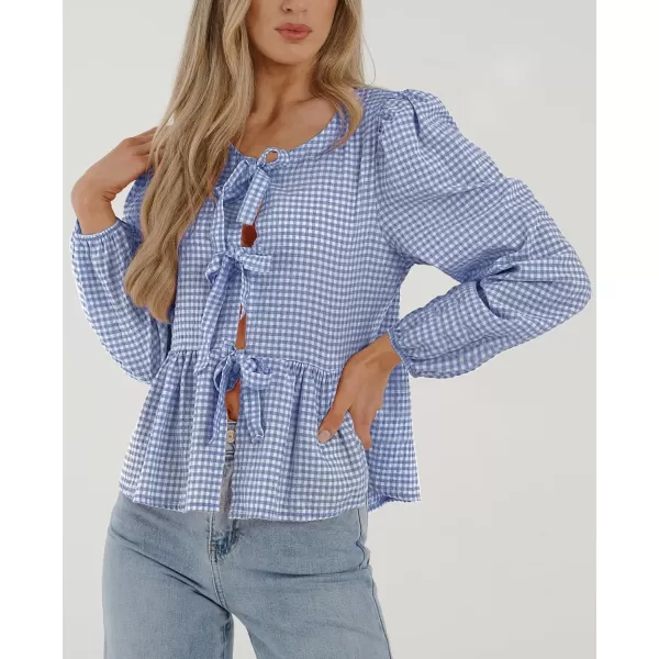 PRETTYGARDEN Womens Babydoll Peplum Blouse Shirt Puff Long Sleeve Bow Tie Front Trendy Cute Y2K Going Out TopsPlaid Blue