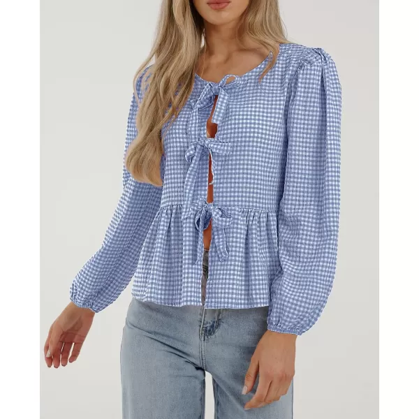 PRETTYGARDEN Womens Babydoll Peplum Blouse Shirt Puff Long Sleeve Bow Tie Front Trendy Cute Y2K Going Out TopsPlaid Blue