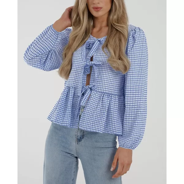 PRETTYGARDEN Womens Babydoll Peplum Blouse Shirt Puff Long Sleeve Bow Tie Front Trendy Cute Y2K Going Out TopsPlaid Blue