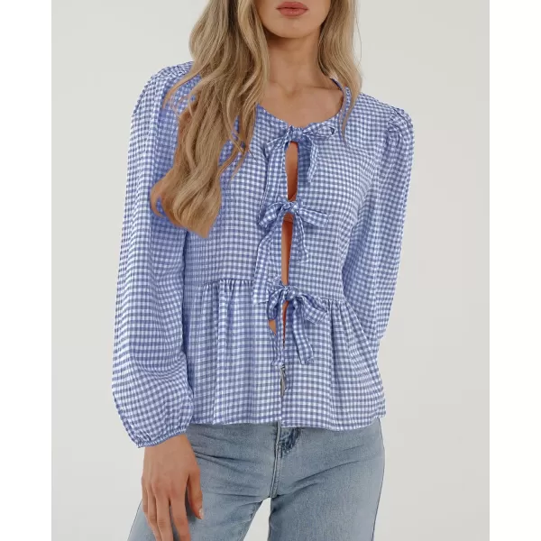 PRETTYGARDEN Womens Babydoll Peplum Blouse Shirt Puff Long Sleeve Bow Tie Front Trendy Cute Y2K Going Out TopsPlaid Blue