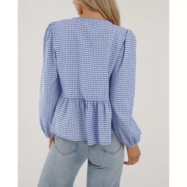 PRETTYGARDEN Womens Babydoll Peplum Blouse Shirt Puff Long Sleeve Bow Tie Front Trendy Cute Y2K Going Out TopsPlaid Blue
