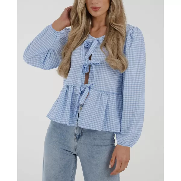PRETTYGARDEN Womens Babydoll Peplum Blouse Shirt Puff Long Sleeve Bow Tie Front Trendy Cute Y2K Going Out TopsPlaid Light Blue