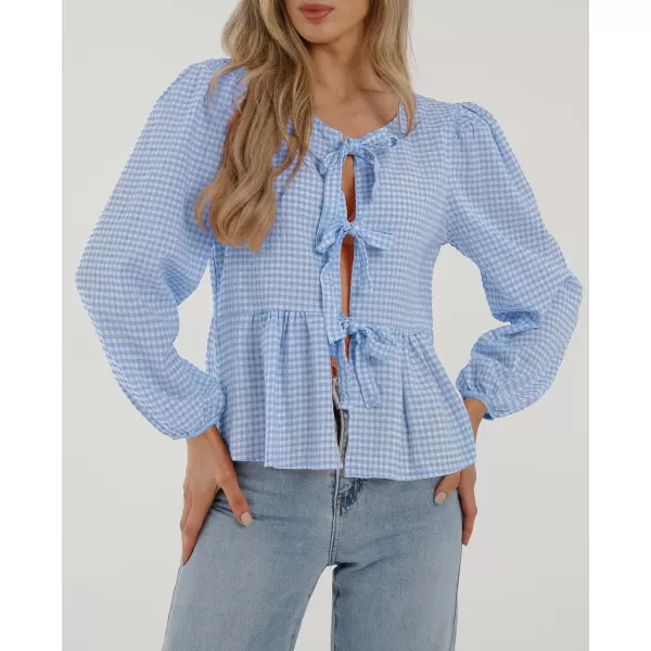 PRETTYGARDEN Womens Babydoll Peplum Blouse Shirt Puff Long Sleeve Bow Tie Front Trendy Cute Y2K Going Out TopsPlaid Light Blue