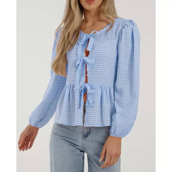 PRETTYGARDEN Womens Babydoll Peplum Blouse Shirt Puff Long Sleeve Bow Tie Front Trendy Cute Y2K Going Out TopsPlaid Light Blue