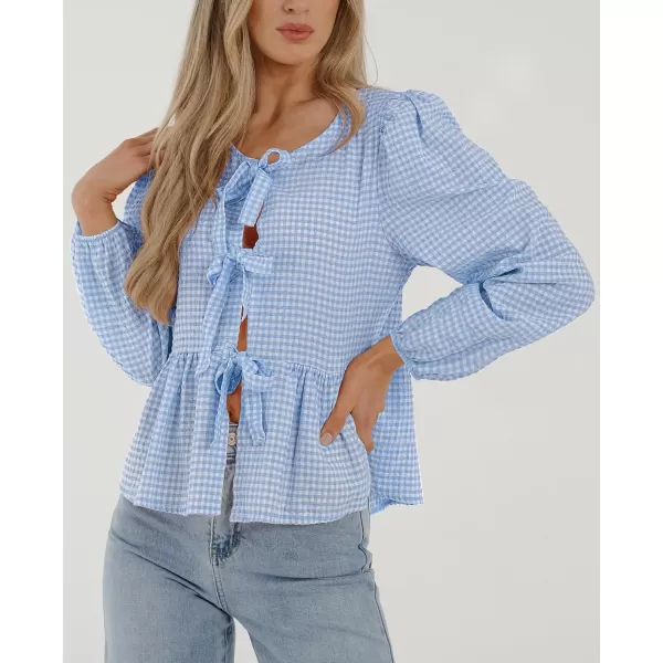PRETTYGARDEN Womens Babydoll Peplum Blouse Shirt Puff Long Sleeve Bow Tie Front Trendy Cute Y2K Going Out TopsPlaid Light Blue