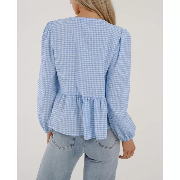 PRETTYGARDEN Womens Babydoll Peplum Blouse Shirt Puff Long Sleeve Bow Tie Front Trendy Cute Y2K Going Out TopsPlaid Light Blue