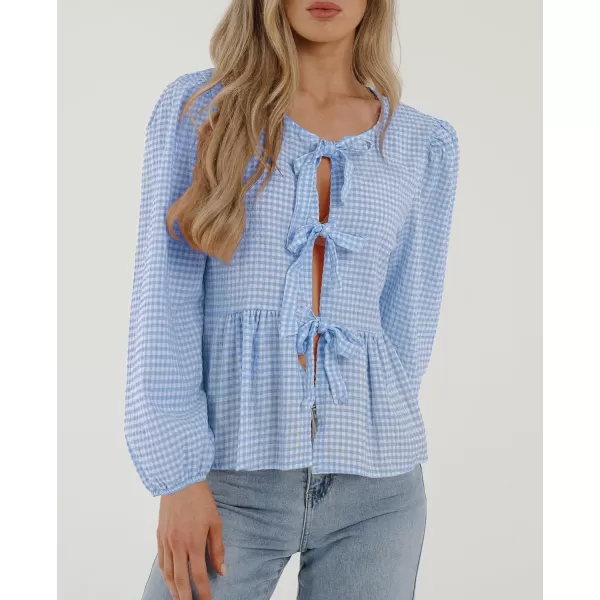 PRETTYGARDEN Womens Babydoll Peplum Blouse Shirt Puff Long Sleeve Bow Tie Front Trendy Cute Y2K Going Out TopsPlaid Light Blue