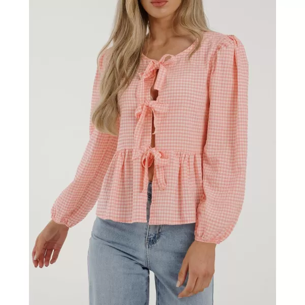 PRETTYGARDEN Womens Babydoll Peplum Blouse Shirt Puff Long Sleeve Bow Tie Front Trendy Cute Y2K Going Out TopsPlaid Pink