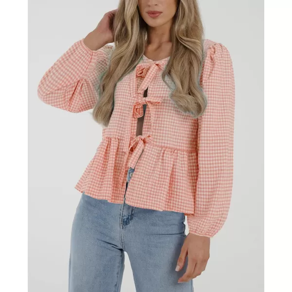 PRETTYGARDEN Womens Babydoll Peplum Blouse Shirt Puff Long Sleeve Bow Tie Front Trendy Cute Y2K Going Out TopsPlaid Pink