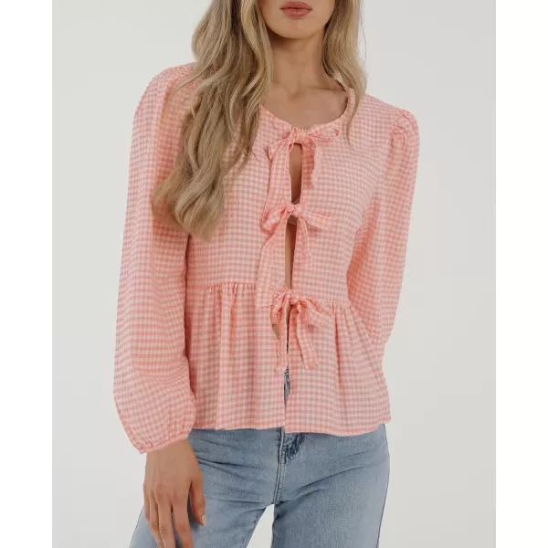 PRETTYGARDEN Womens Babydoll Peplum Blouse Shirt Puff Long Sleeve Bow Tie Front Trendy Cute Y2K Going Out TopsPlaid Pink