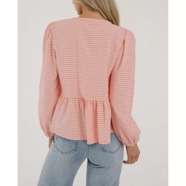 PRETTYGARDEN Womens Babydoll Peplum Blouse Shirt Puff Long Sleeve Bow Tie Front Trendy Cute Y2K Going Out TopsPlaid Pink
