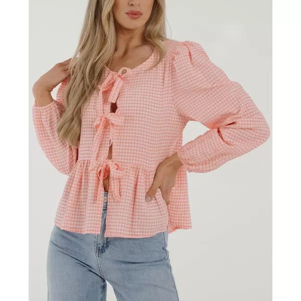PRETTYGARDEN Womens Babydoll Peplum Blouse Shirt Puff Long Sleeve Bow Tie Front Trendy Cute Y2K Going Out TopsPlaid Pink