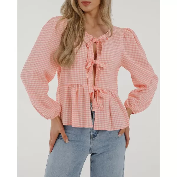 PRETTYGARDEN Womens Babydoll Peplum Blouse Shirt Puff Long Sleeve Bow Tie Front Trendy Cute Y2K Going Out TopsPlaid Pink