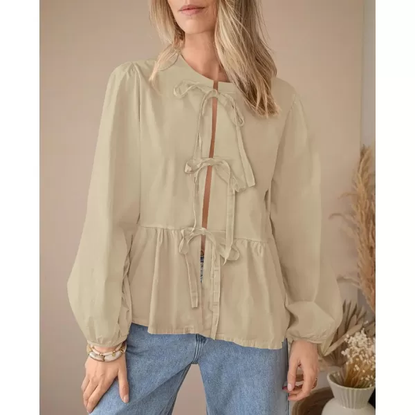 PRETTYGARDEN Womens Babydoll Peplum Blouse Shirt Puff Long Sleeve Bow Tie Front Trendy Cute Y2K Going Out TopsSolid Apricot