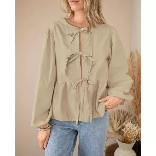PRETTYGARDEN Womens Babydoll Peplum Blouse Shirt Puff Long Sleeve Bow Tie Front Trendy Cute Y2K Going Out TopsSolid Apricot