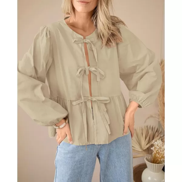 PRETTYGARDEN Womens Babydoll Peplum Blouse Shirt Puff Long Sleeve Bow Tie Front Trendy Cute Y2K Going Out TopsSolid Apricot