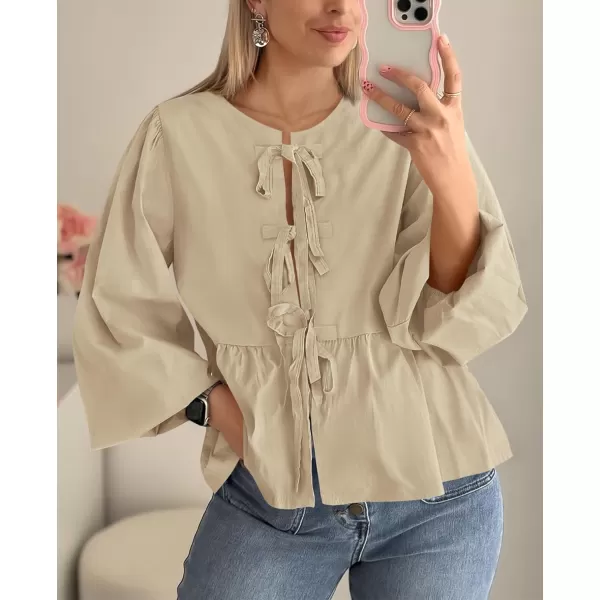 PRETTYGARDEN Womens Babydoll Peplum Blouse Shirt Puff Long Sleeve Bow Tie Front Trendy Cute Y2K Going Out TopsSolid Apricot