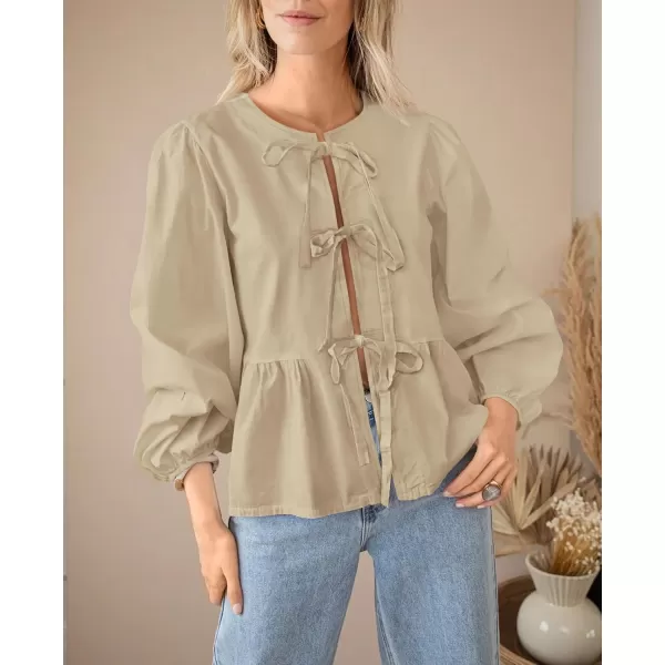PRETTYGARDEN Womens Babydoll Peplum Blouse Shirt Puff Long Sleeve Bow Tie Front Trendy Cute Y2K Going Out TopsSolid Apricot