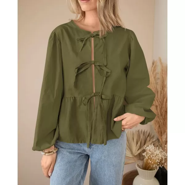 PRETTYGARDEN Womens Babydoll Peplum Blouse Shirt Puff Long Sleeve Bow Tie Front Trendy Cute Y2K Going Out TopsSolid Army Green