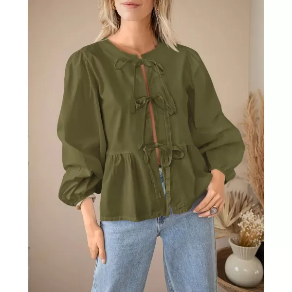 PRETTYGARDEN Womens Babydoll Peplum Blouse Shirt Puff Long Sleeve Bow Tie Front Trendy Cute Y2K Going Out TopsSolid Army Green