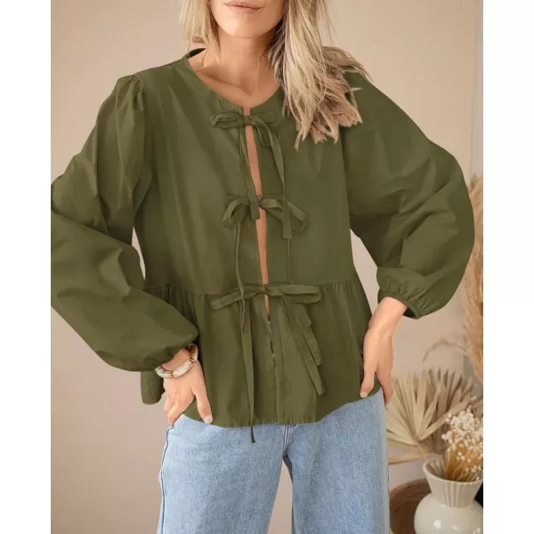 PRETTYGARDEN Womens Babydoll Peplum Blouse Shirt Puff Long Sleeve Bow Tie Front Trendy Cute Y2K Going Out TopsSolid Army Green
