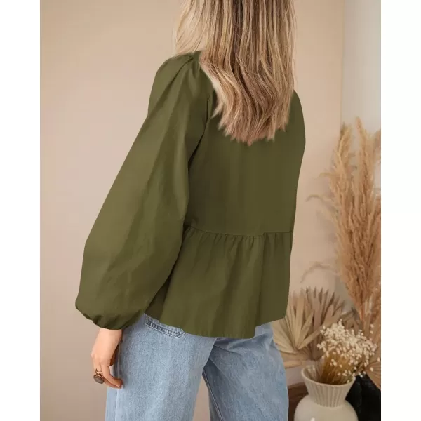PRETTYGARDEN Womens Babydoll Peplum Blouse Shirt Puff Long Sleeve Bow Tie Front Trendy Cute Y2K Going Out TopsSolid Army Green