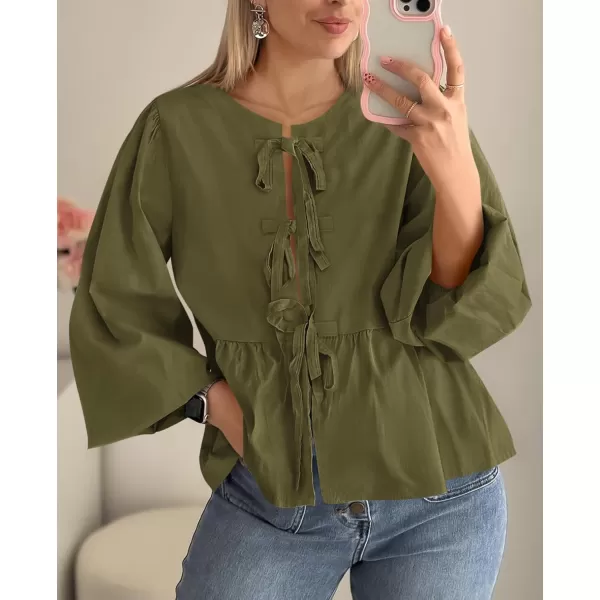 PRETTYGARDEN Womens Babydoll Peplum Blouse Shirt Puff Long Sleeve Bow Tie Front Trendy Cute Y2K Going Out TopsSolid Army Green