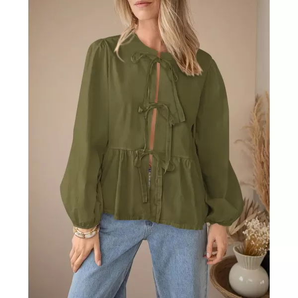 PRETTYGARDEN Womens Babydoll Peplum Blouse Shirt Puff Long Sleeve Bow Tie Front Trendy Cute Y2K Going Out TopsSolid Army Green