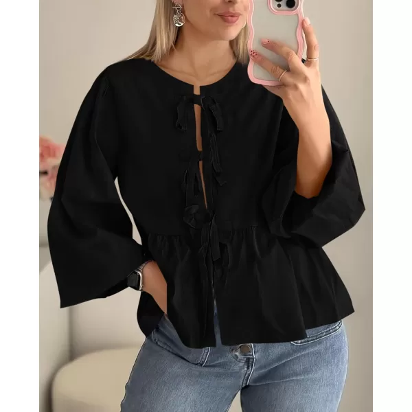 PRETTYGARDEN Womens Babydoll Peplum Blouse Shirt Puff Long Sleeve Bow Tie Front Trendy Cute Y2K Going Out TopsSolid Black
