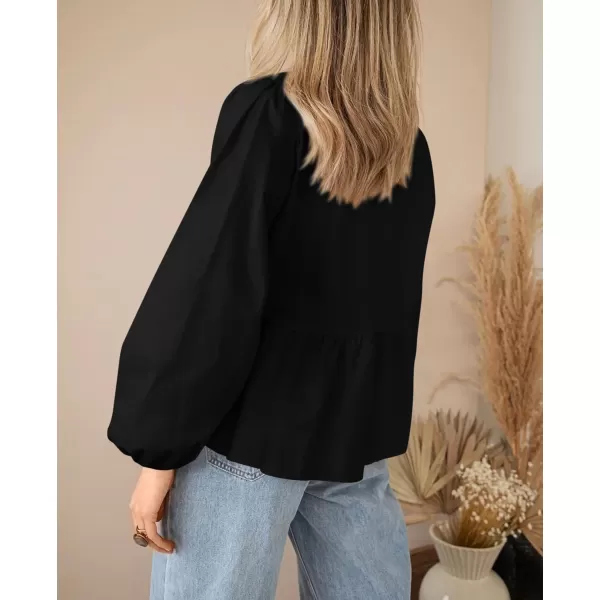 PRETTYGARDEN Womens Babydoll Peplum Blouse Shirt Puff Long Sleeve Bow Tie Front Trendy Cute Y2K Going Out TopsSolid Black