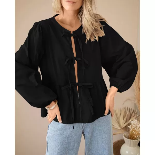 PRETTYGARDEN Womens Babydoll Peplum Blouse Shirt Puff Long Sleeve Bow Tie Front Trendy Cute Y2K Going Out TopsSolid Black