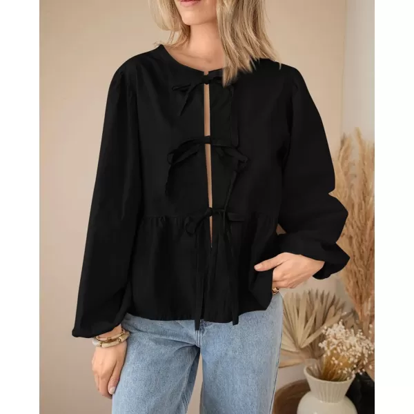 PRETTYGARDEN Womens Babydoll Peplum Blouse Shirt Puff Long Sleeve Bow Tie Front Trendy Cute Y2K Going Out TopsSolid Black