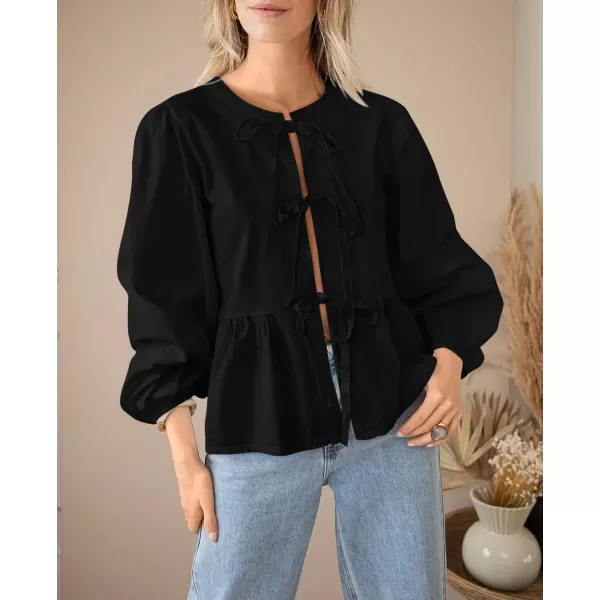 PRETTYGARDEN Womens Babydoll Peplum Blouse Shirt Puff Long Sleeve Bow Tie Front Trendy Cute Y2K Going Out TopsSolid Black
